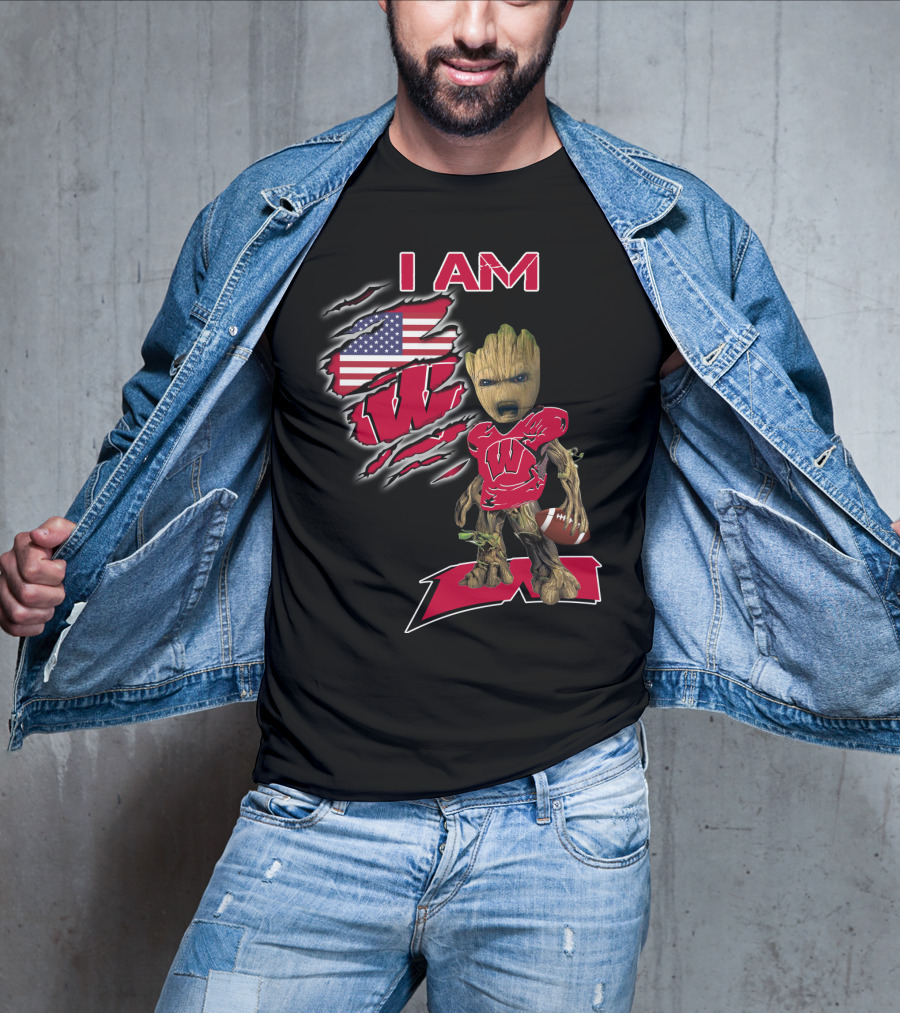 I Am Wisconsin Baby Groot Usa Flag Football W T-Shirt