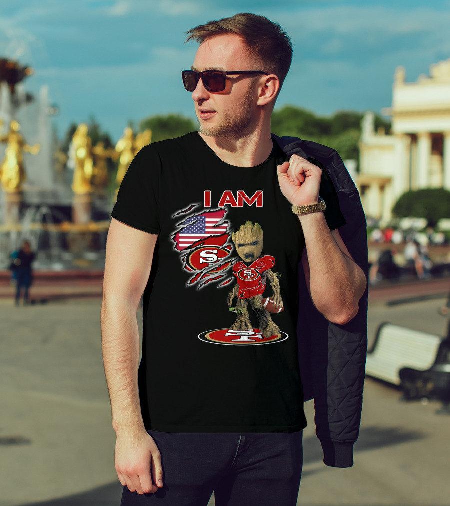I Am 49ers Baby Groot Football American Flag T-Shirt