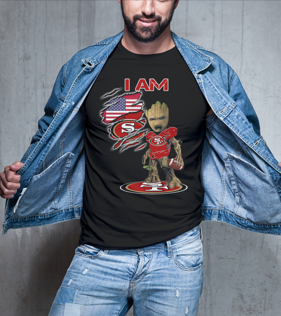 I Am 49ers Baby Groot Football American Flag T-Shirt