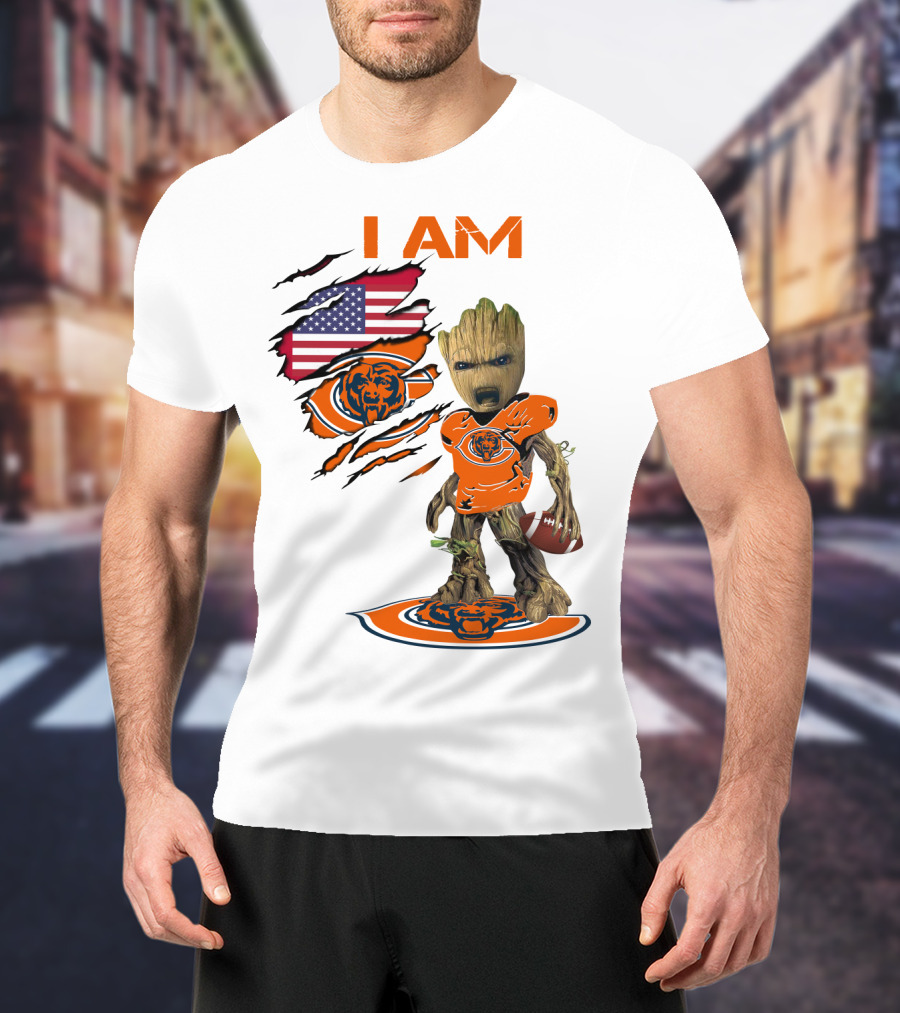 I AM Bears Baby Groot Holding Football With American Flag And Chicago Bears T-Shirt