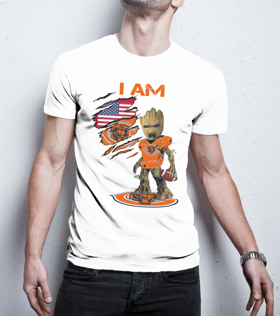 I AM Bears Baby Groot Holding Football With American Flag And Chicago Bears T-Shirt