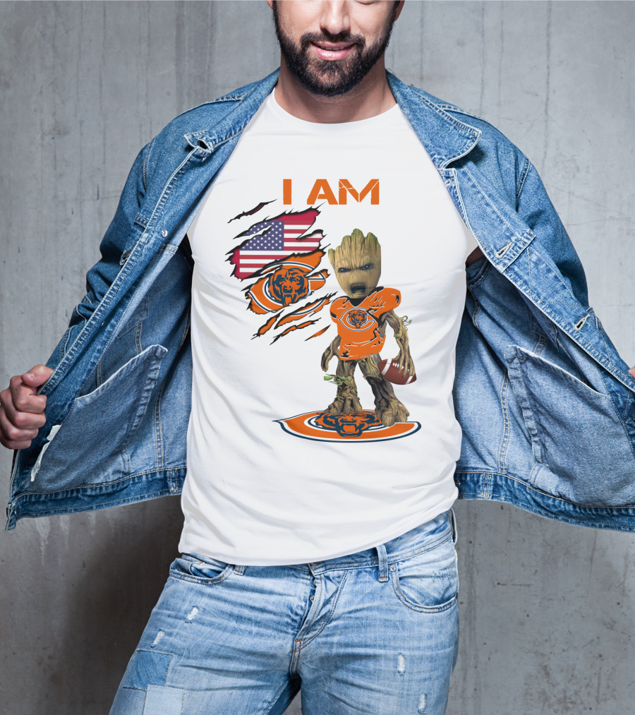 I AM Bears Baby Groot Holding Football With American Flag And Chicago Bears T-Shirt