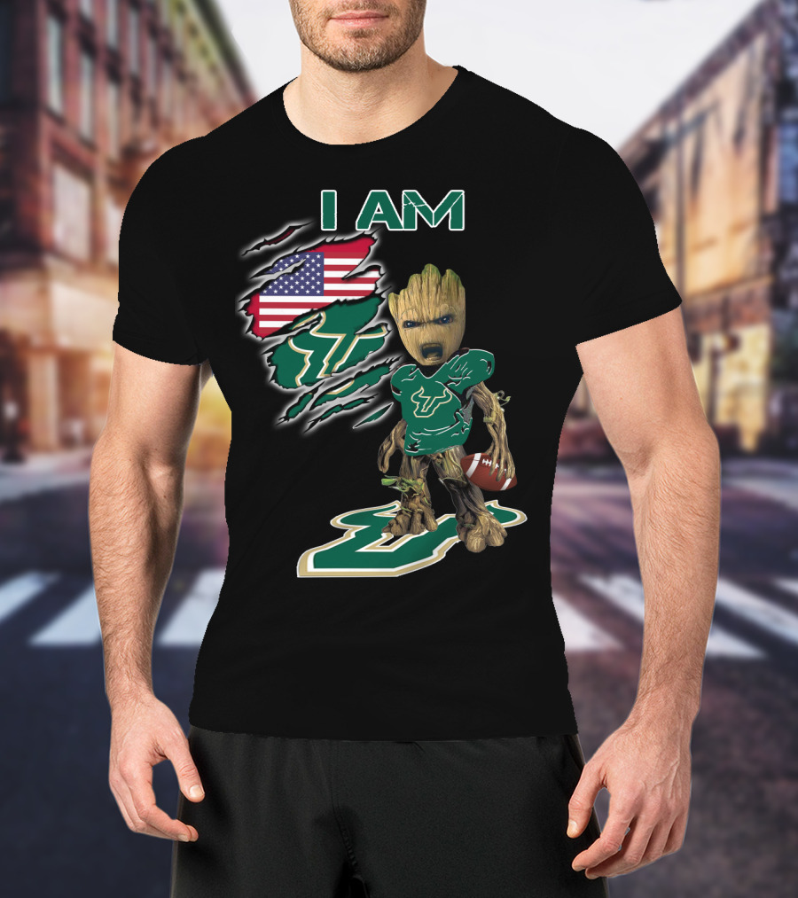 I Am Usf Baby Groot Holding Football With Usa Flag And Bulls T-Shirt