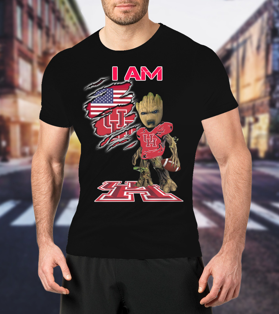 I Am Baby Groot Uh Football American Flag Houston T-Shirt
