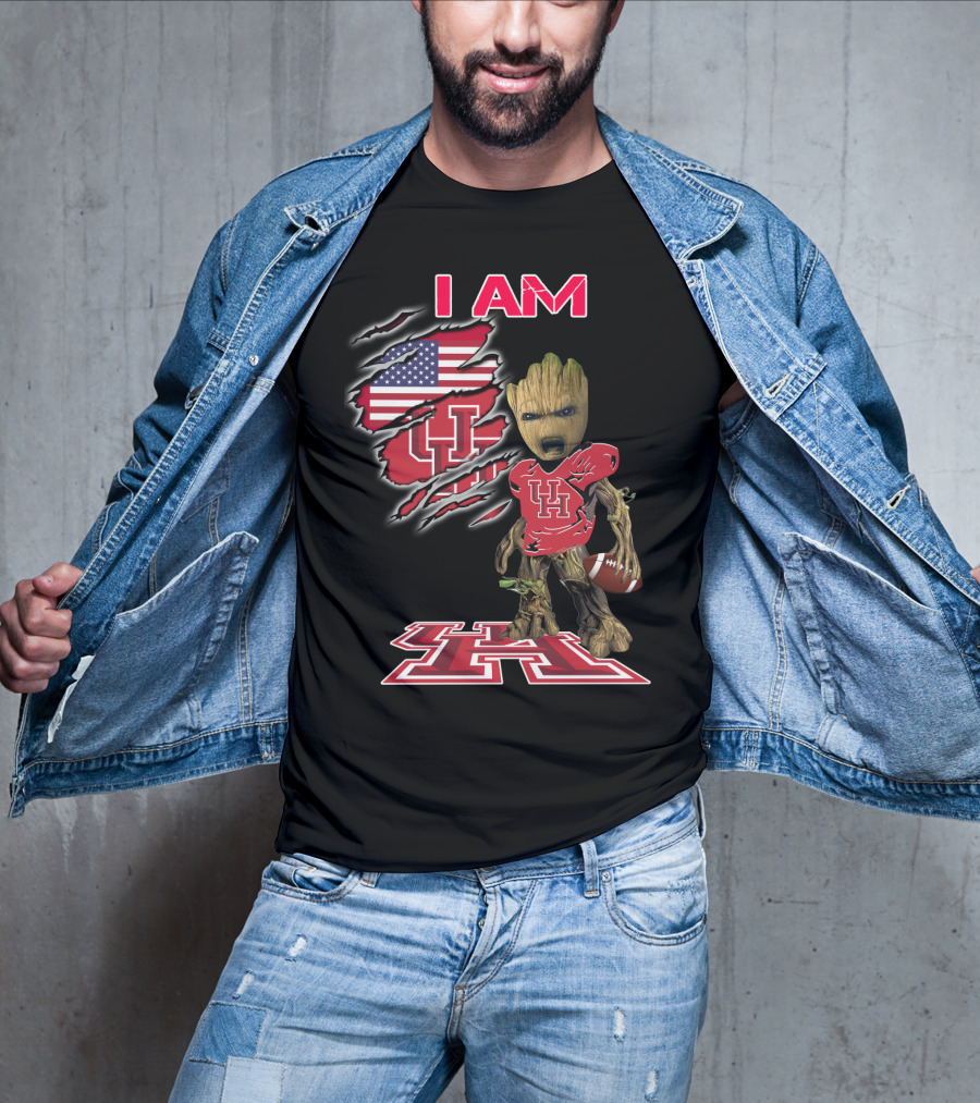 I Am Baby Groot Uh Football American Flag Houston T-Shirt