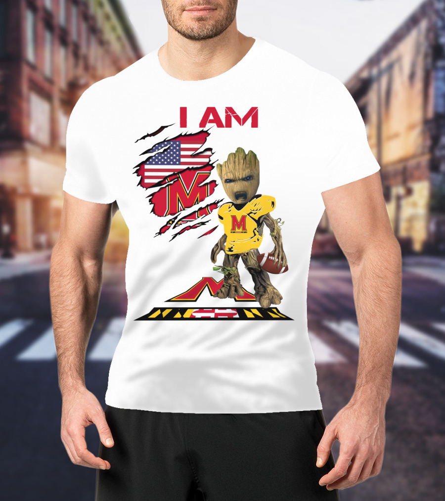 I Am Maryland Baby Groot Football M Logo American Flag T-Shirt