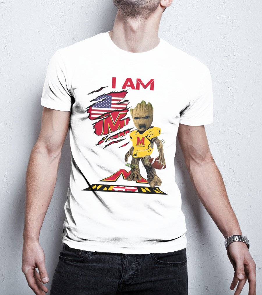 I Am Maryland Baby Groot Football M Logo American Flag T-Shirt