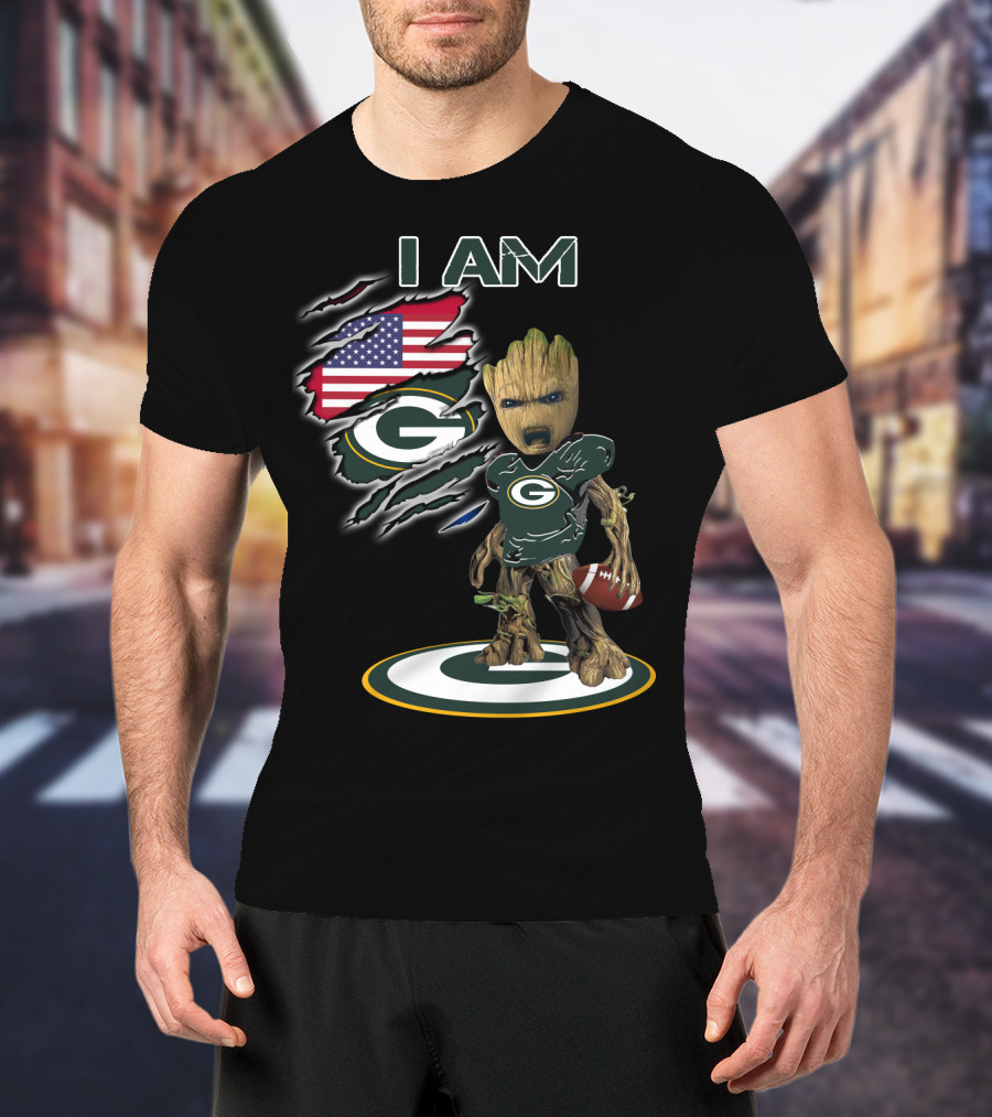 I Am Packers Baby Groot American Flag Football T-Shirt
