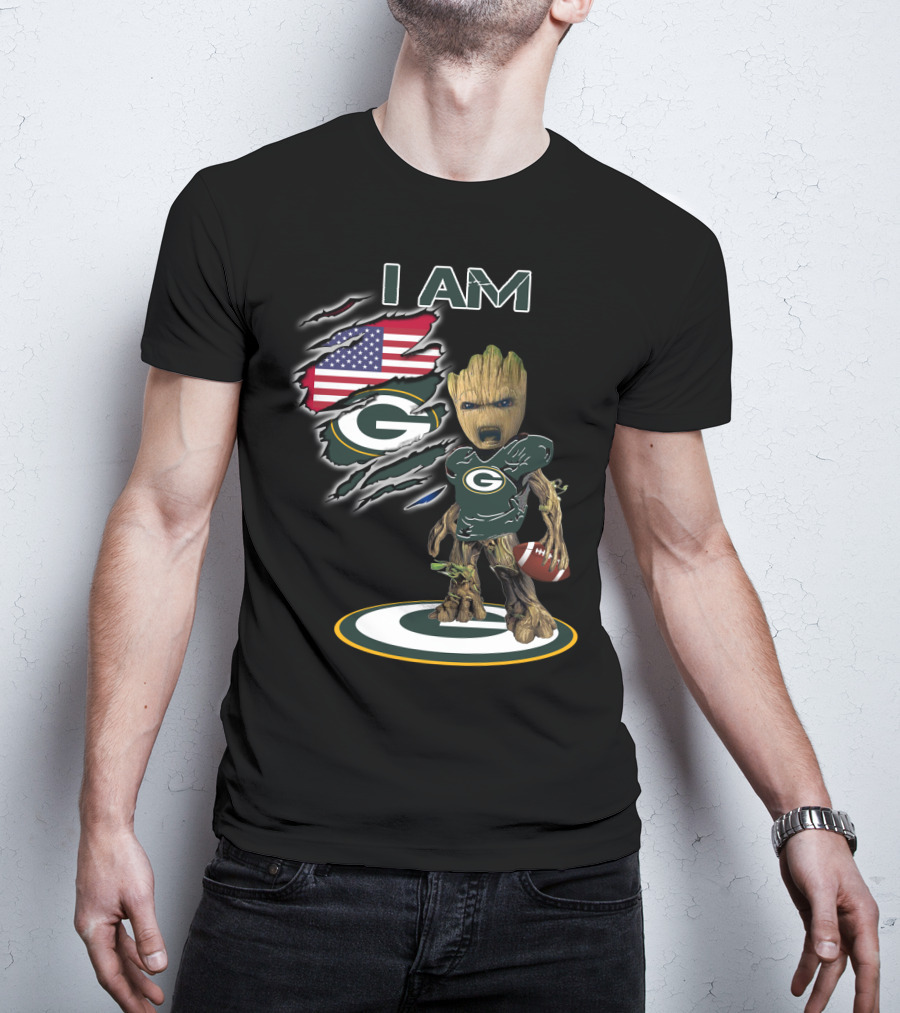 I Am Packers Baby Groot American Flag Football T-Shirt