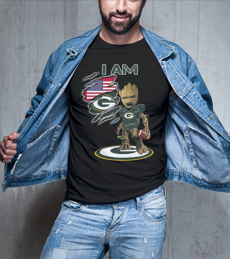 I Am Packers Baby Groot American Flag Football T-Shirt
