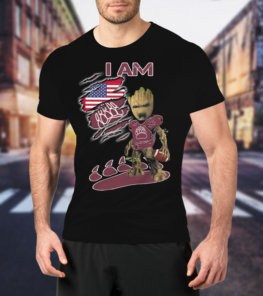 I AM American Flag Football Baby Groot Bear Paw T-Shirt