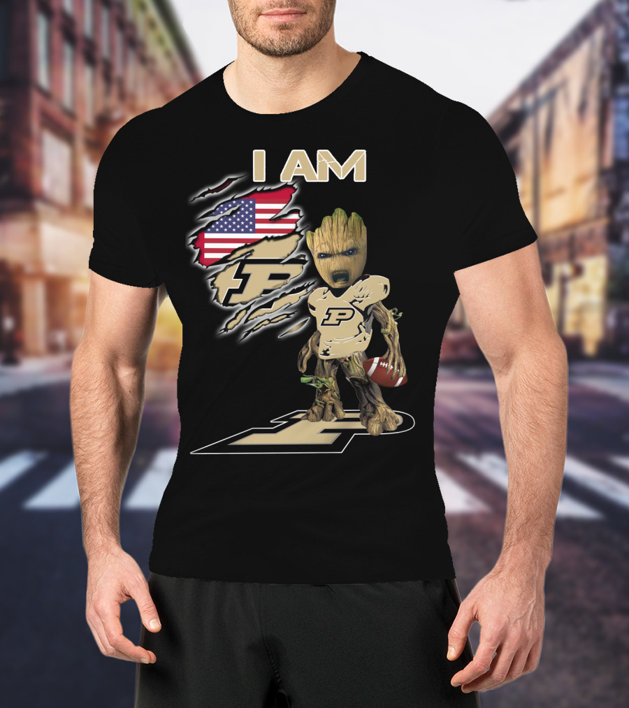 I Am Purdue Baby Groot American Flag Purdue Football T-Shirt