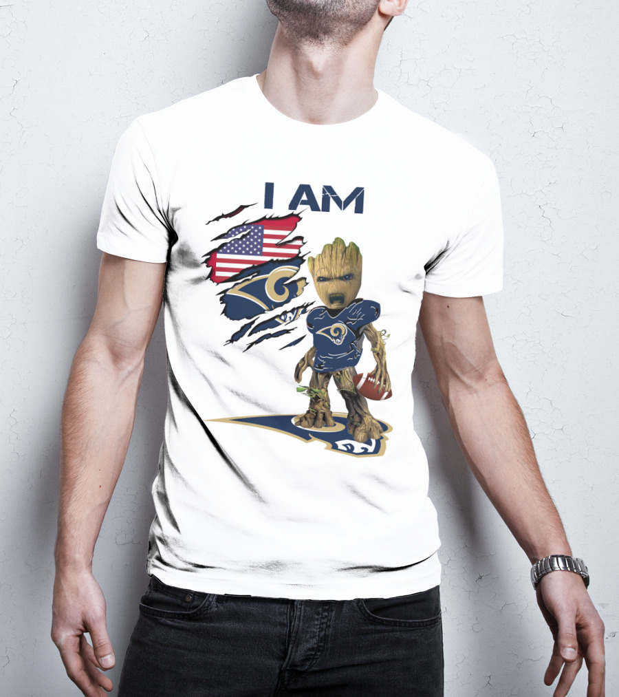I AM Rams Baby Groot Football USA Flag T-Shirt
