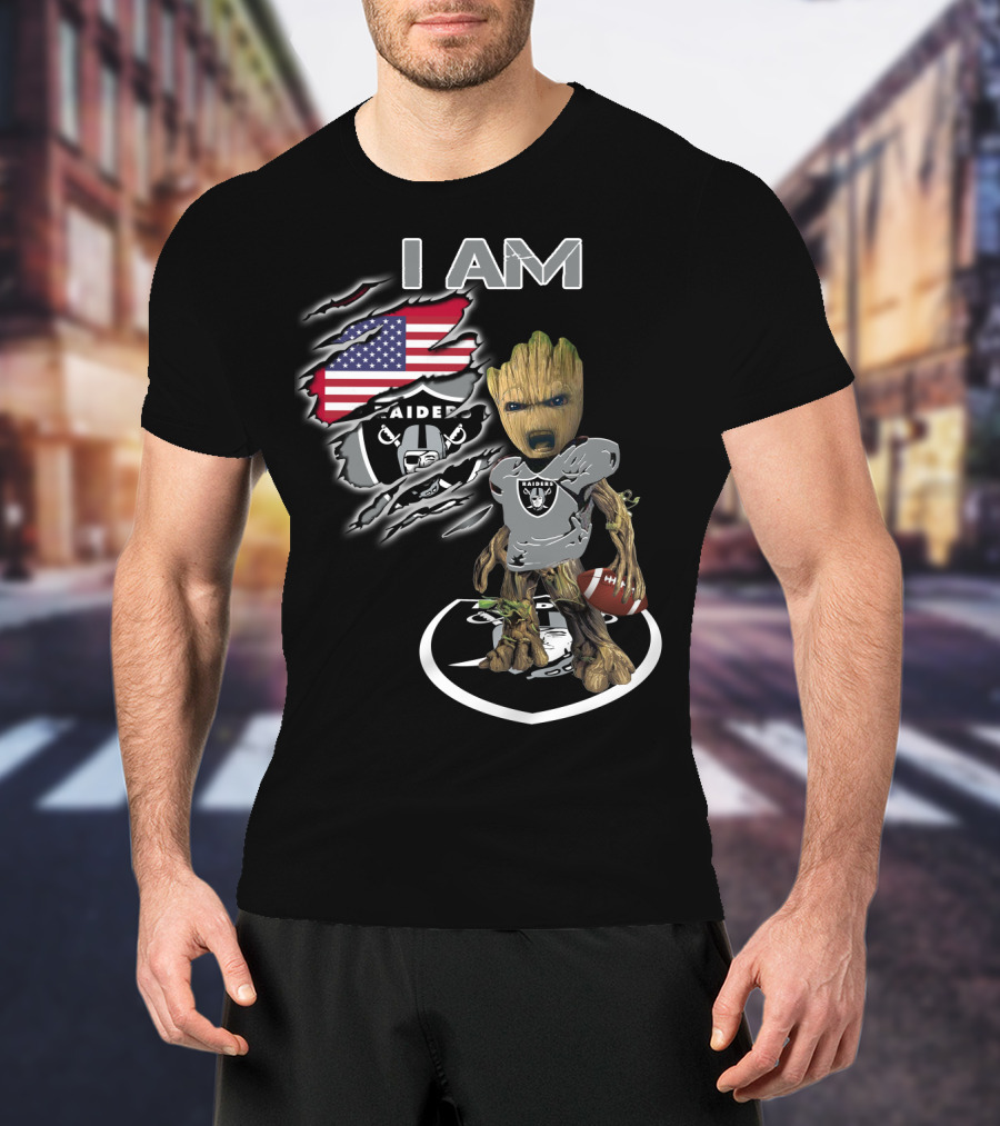 I AM Raiders Baby Groot American Flag Football T-Shirt