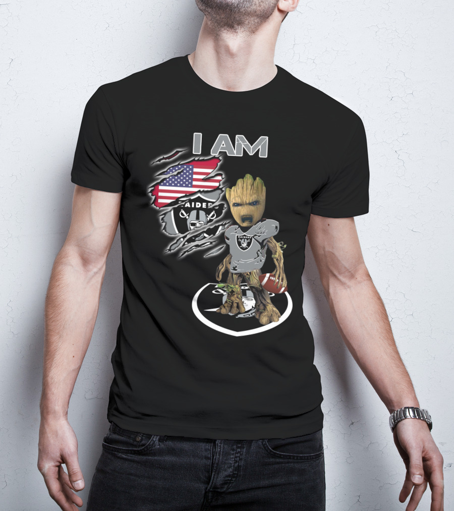 I AM Raiders Baby Groot American Flag Football T-Shirt