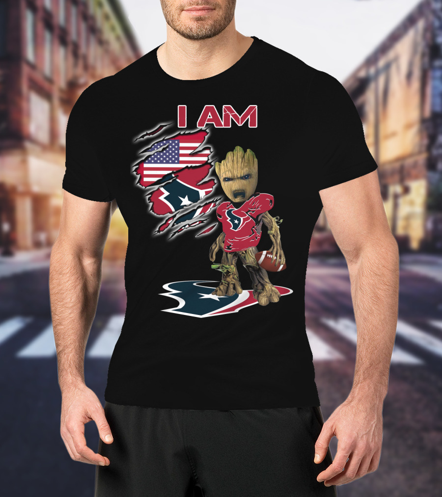 I Am Texans Baby Groot American Flag Football Fan T-Shirt