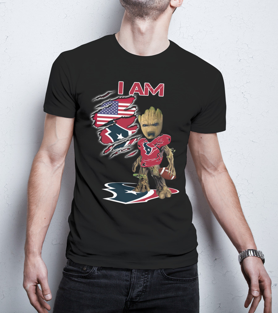 I Am Texans Baby Groot American Flag Football Fan T-Shirt