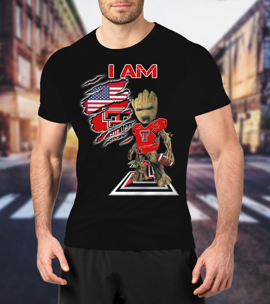 I AM Texas Tech Football American Flag Baby Groot T-Shirt