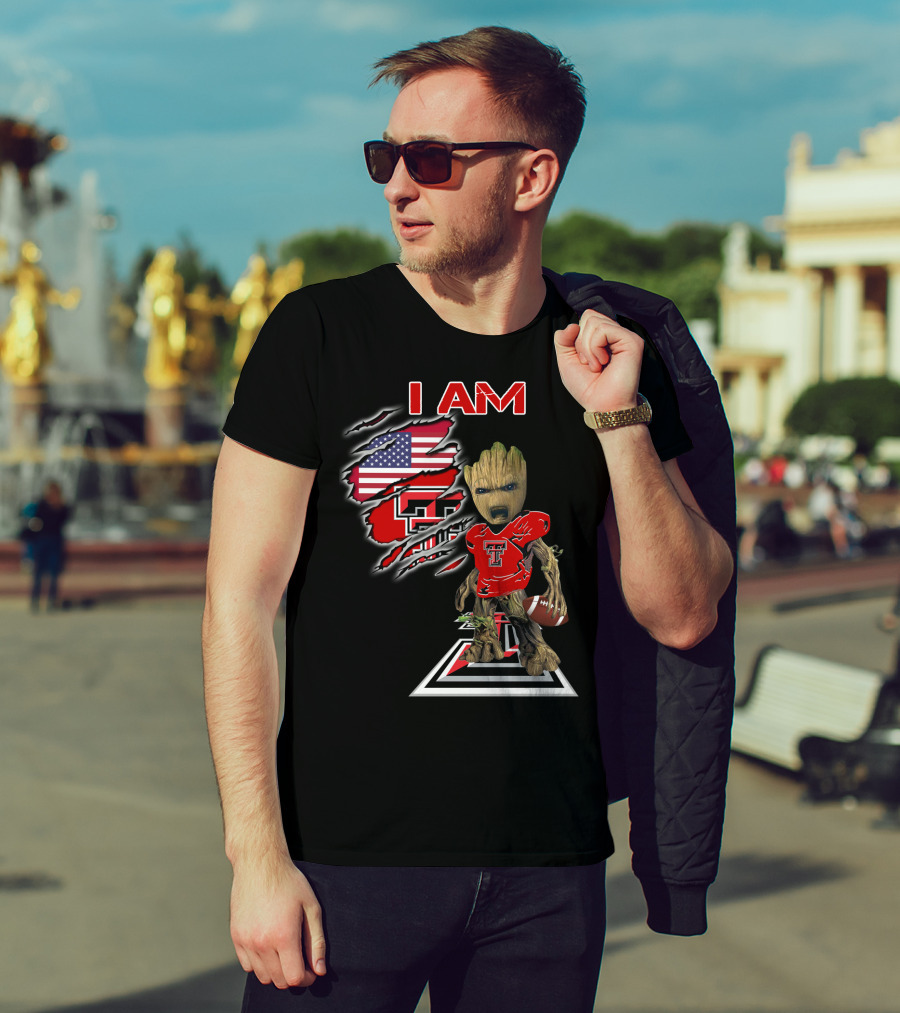 I AM Texas Tech Football American Flag Baby Groot T-Shirt