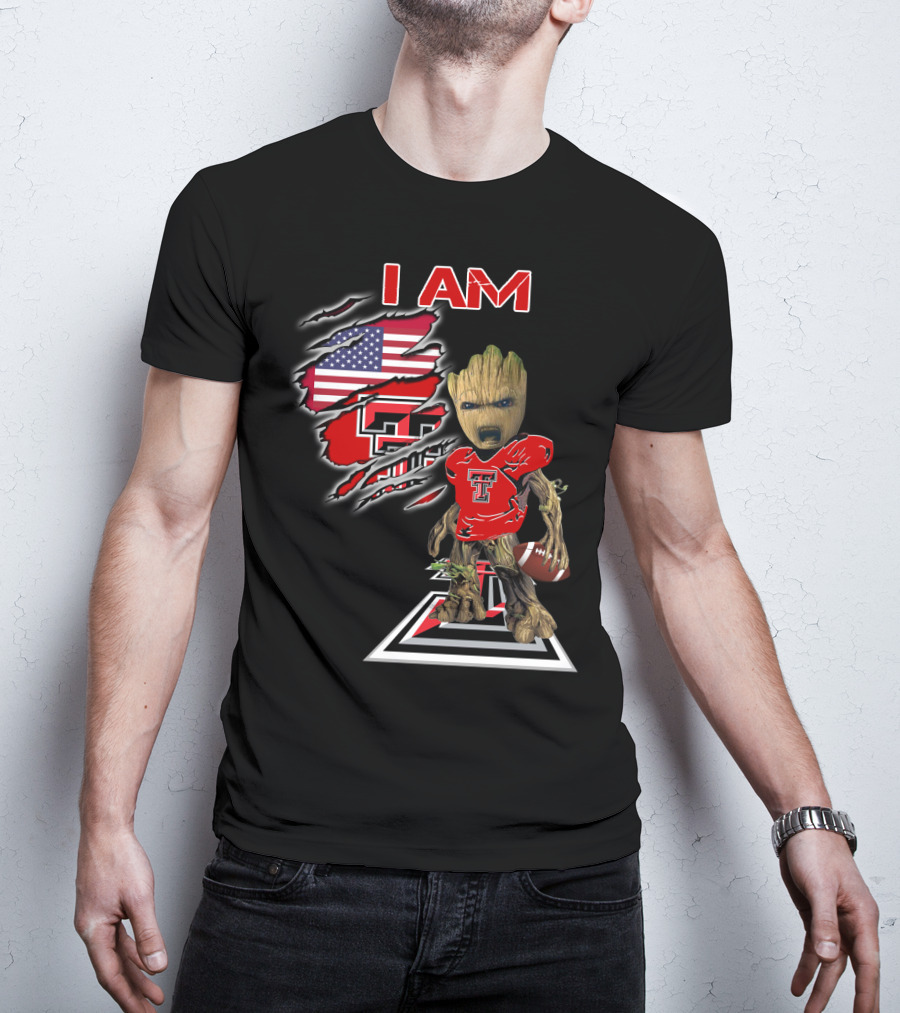 I AM Texas Tech Football American Flag Baby Groot T-Shirt