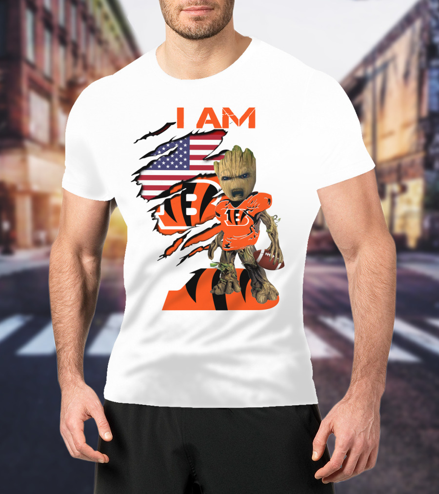 I AM Bengals Baby Groot Football USA Flag T-Shirt