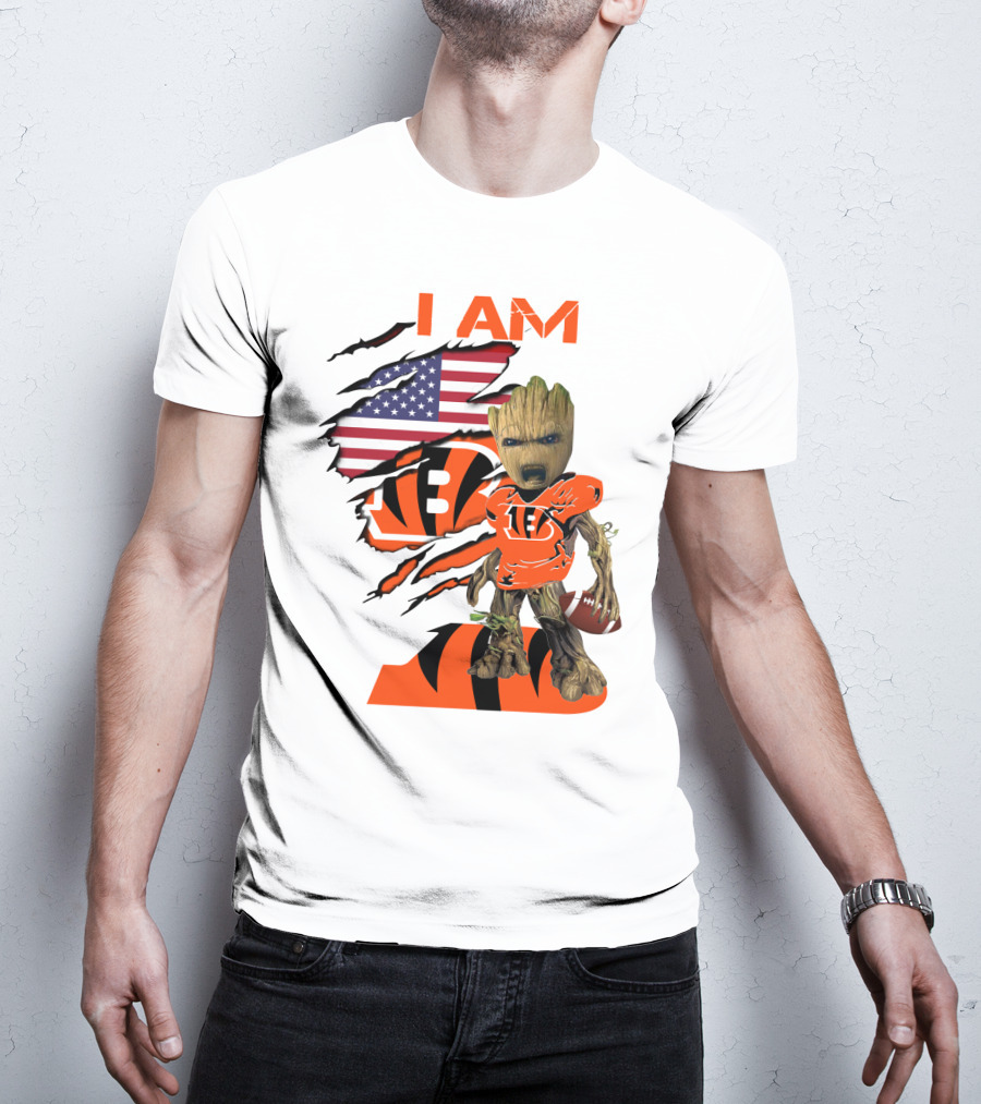 I AM Bengals Baby Groot Football USA Flag T-Shirt