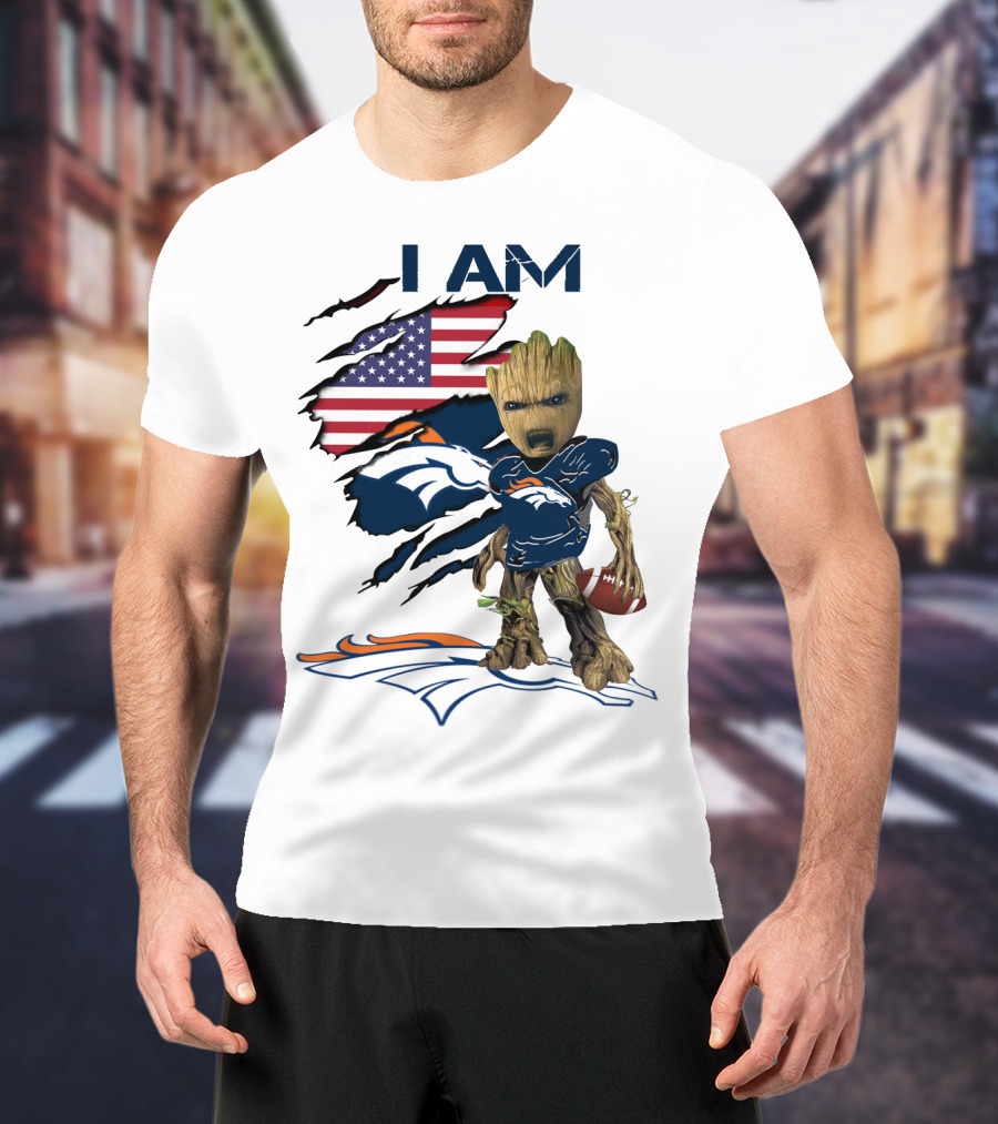 I Am Broncos Baby Groot American Flag Football T-Shirt