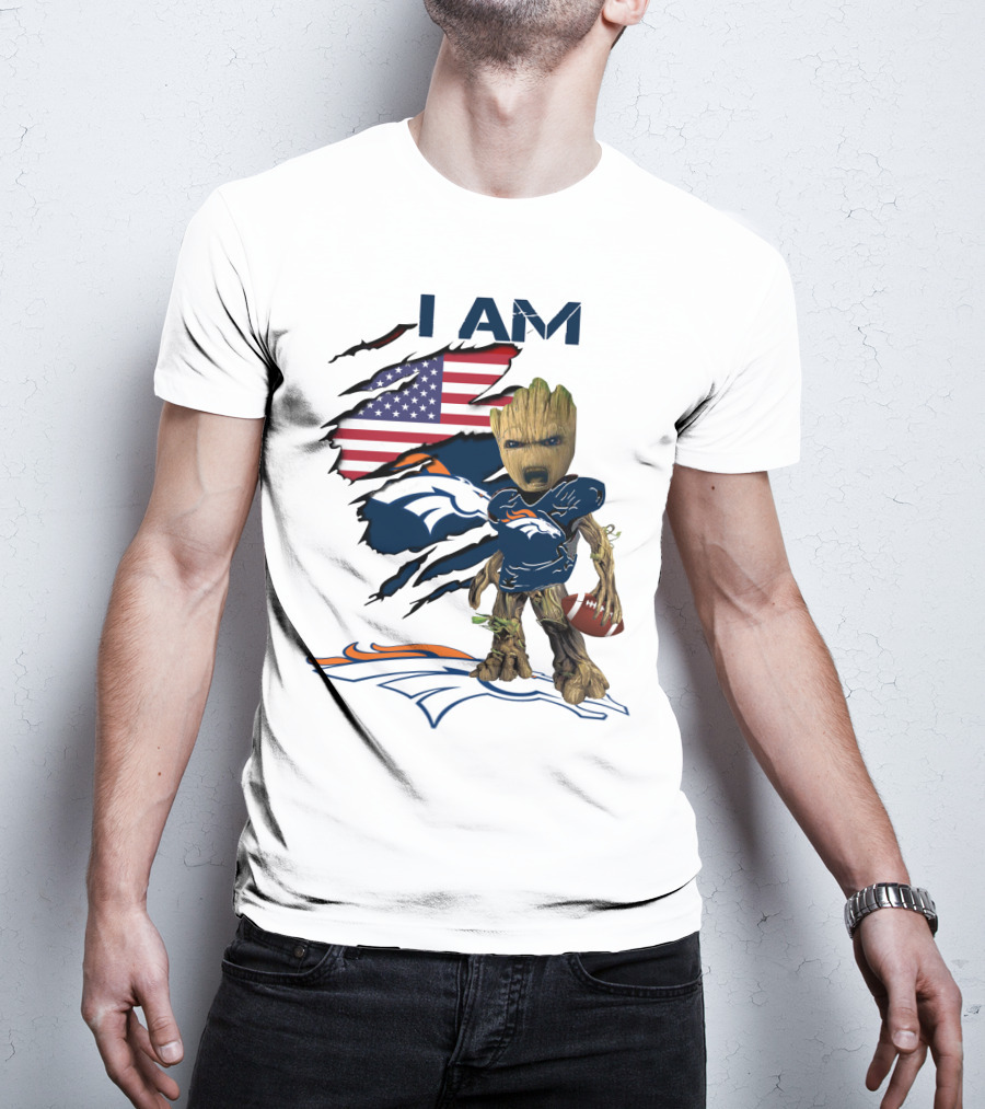 I Am Broncos Baby Groot American Flag Football T-Shirt