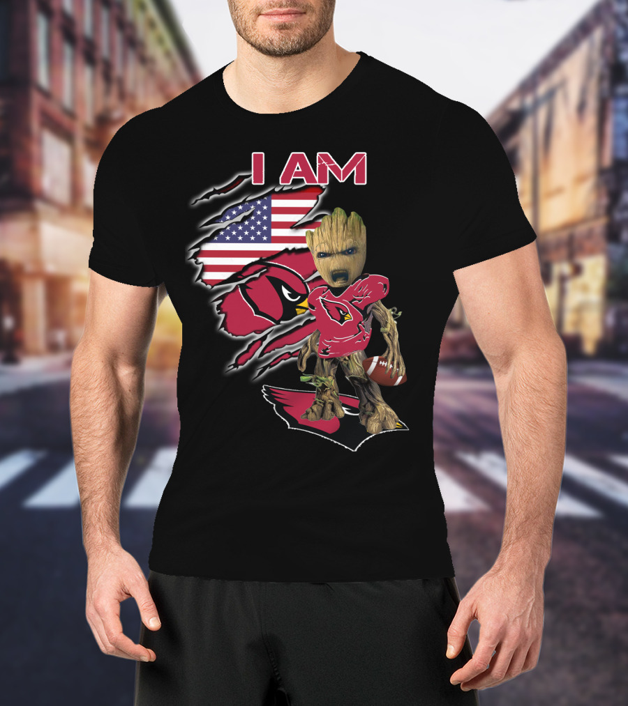 I Am Arizona Cardinals Baby Groot American Flag T-Shirt