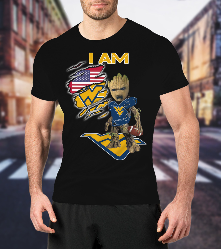 I AM West Virginia Mountaineers Baby Groot Football Fan USA Flag T-Shirt