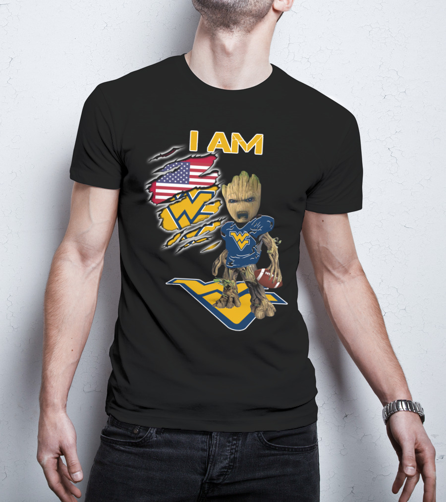 I AM West Virginia Mountaineers Baby Groot Football Fan USA Flag T-Shirt