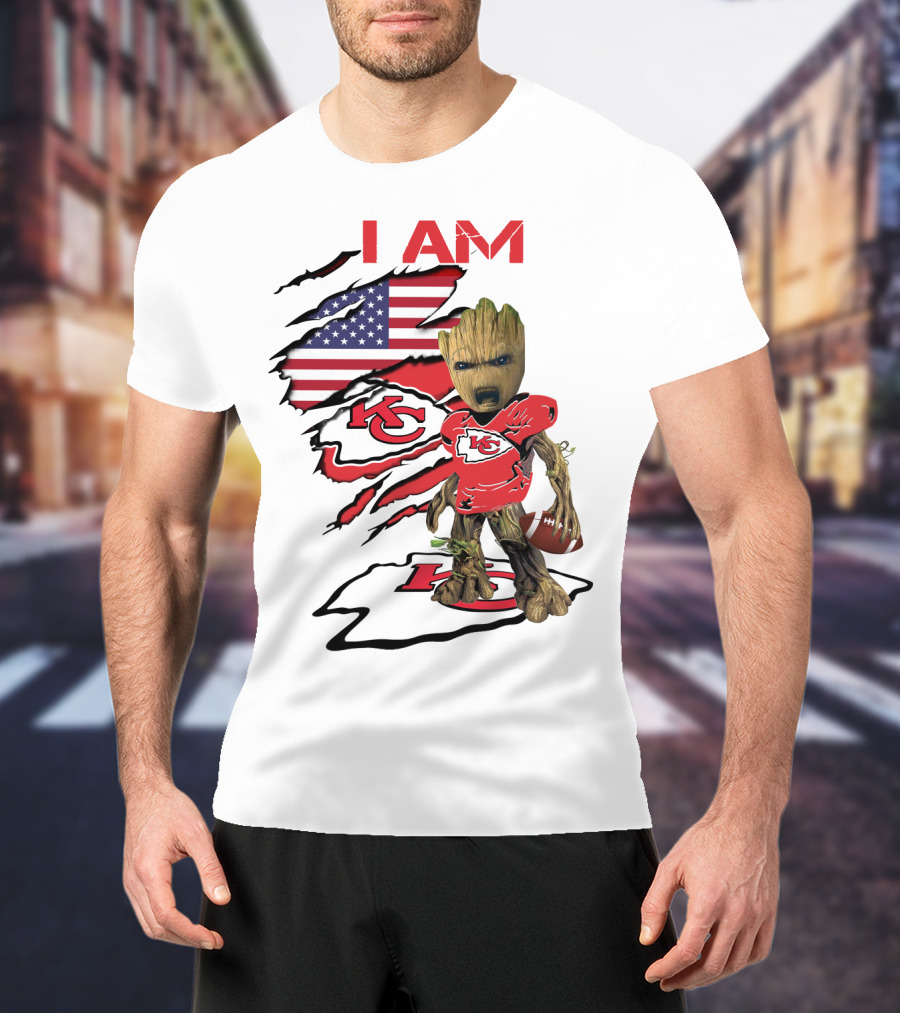 I Am Chiefs Baby Groot American Flag Football KC T-Shirt