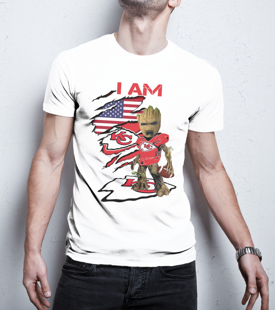 I Am Chiefs Baby Groot American Flag Football KC T-Shirt