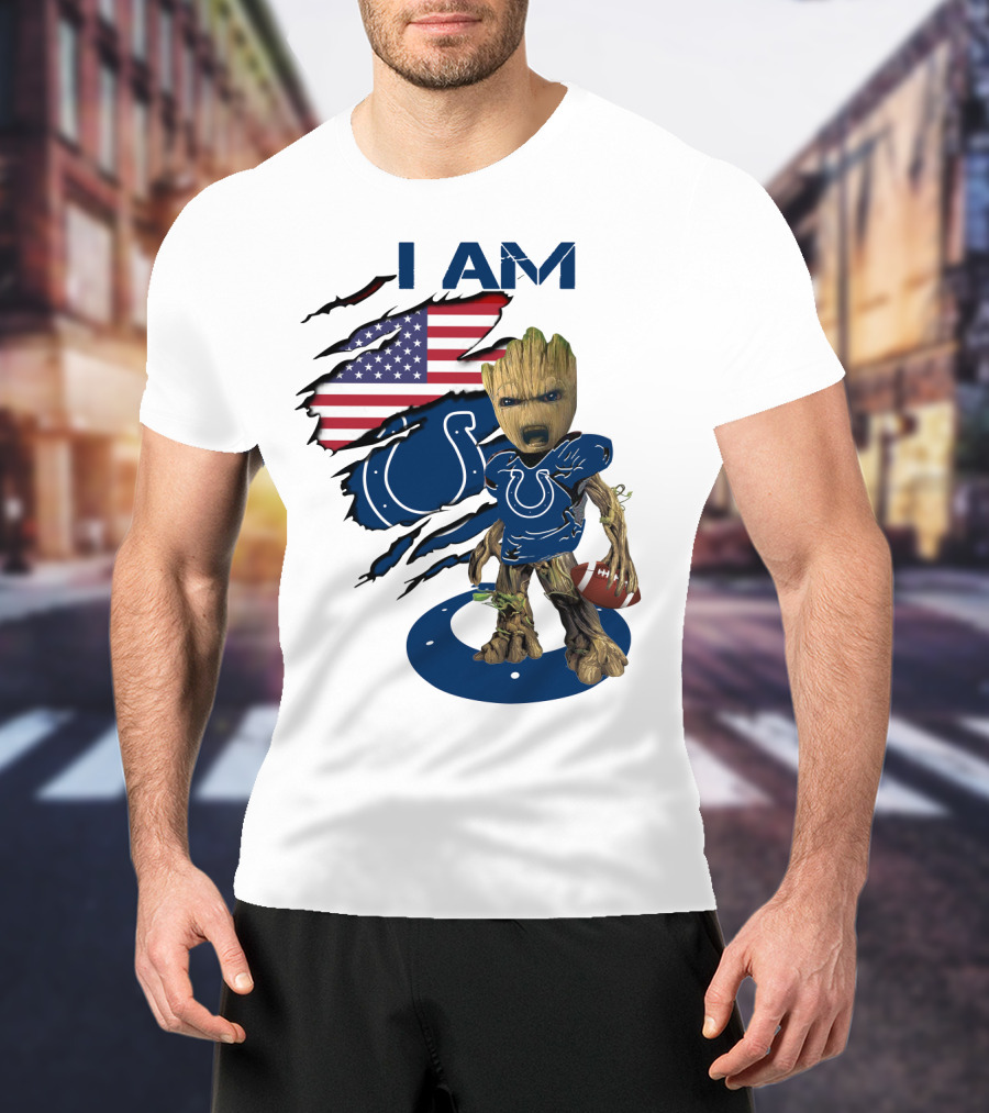 I Am Colts Baby Groot American Flag Football T-Shirt
