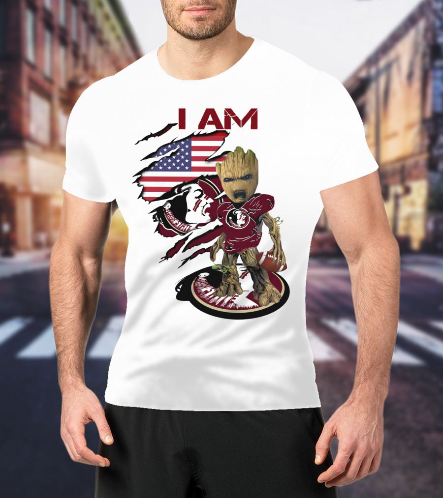 I Am Florida State University Baby Groot With American Flag And Football T-Shirt
