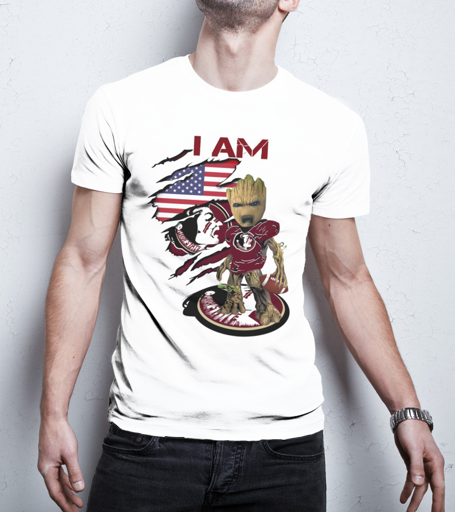 I Am Florida State University Baby Groot With American Flag And Football T-Shirt