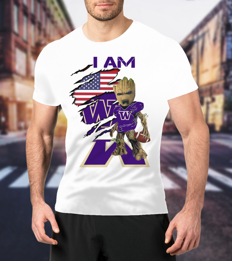 I AM Hukies W Baby Groot Football American Flag T-Shirt
