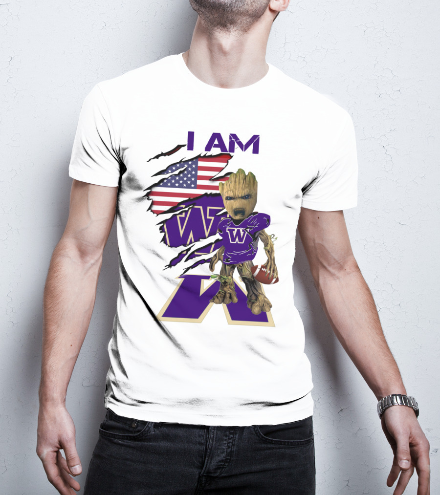 I AM Hukies W Baby Groot Football American Flag T-Shirt