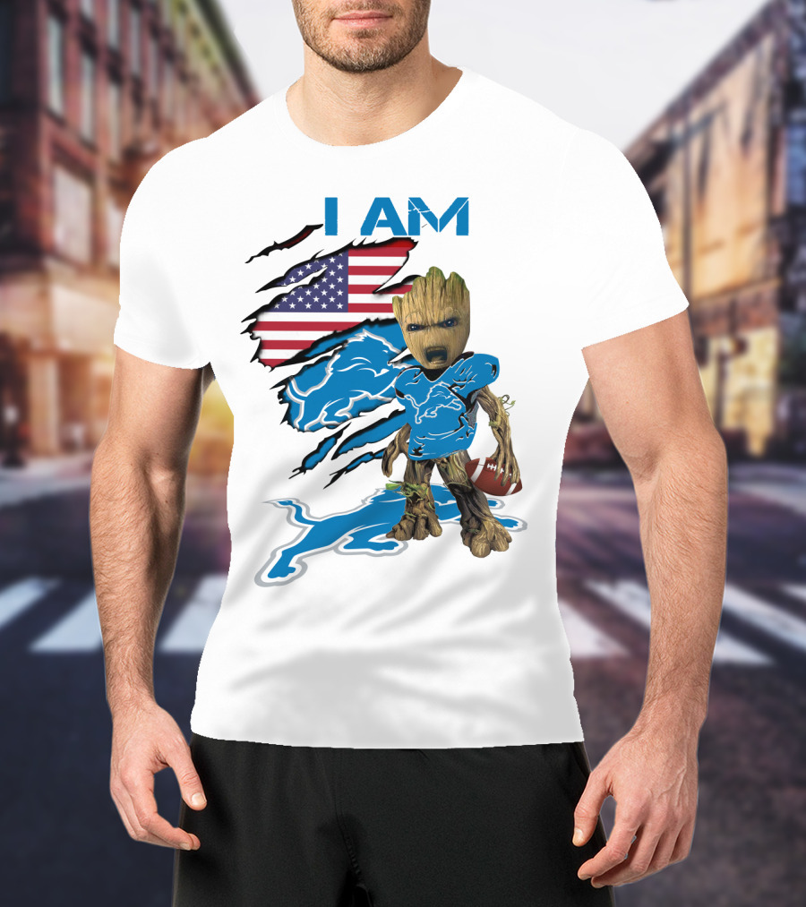 I AM Lions Baby Groot Football American Flag T-Shirt