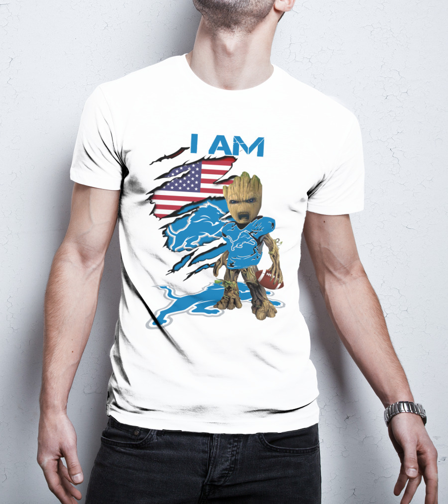 I AM Lions Baby Groot Football American Flag T-Shirt