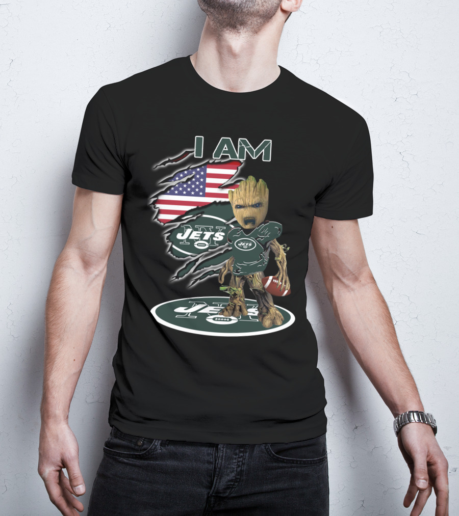 I Am Jets Baby Groot American Flag Football T-Shirt