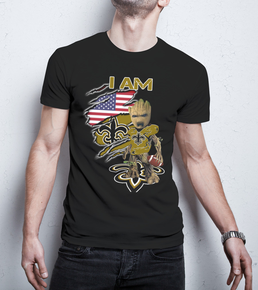 I Am Saints Baby Groot American Flag Football Fleur De Lis T-Shirt