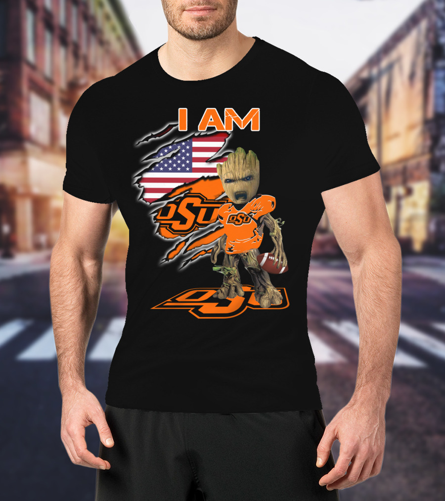 I Am OSU Baby Groot Football American Flag T-Shirt