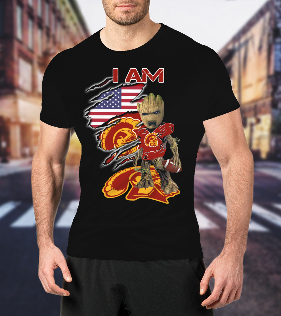 I Am Trojans Baby Groot American Flag Usc Football T-Shirt