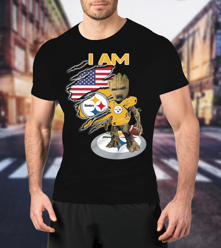 I Am Steelers Baby Groot American Flag Football Nfl Character T-Shirt