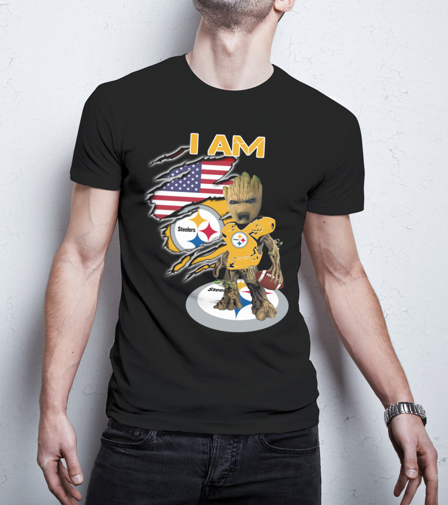 I Am Steelers Baby Groot American Flag Football Nfl Character T-Shirt
