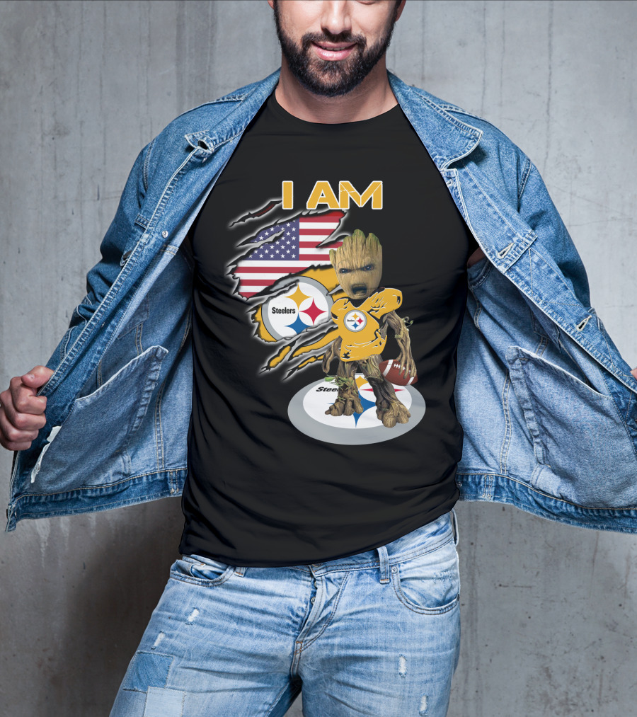 I Am Steelers Baby Groot American Flag Football Nfl Character T-Shirt