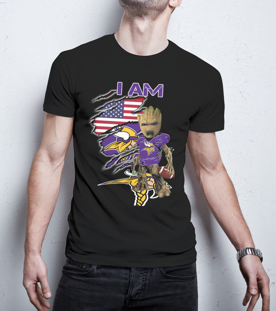 I AM Vikings Baby Groot American Flag Football T-Shirt
