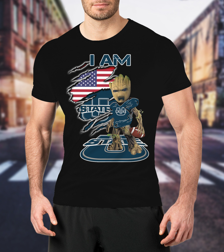 I AM Utah State Baby Groot Football American Flag T-Shirt
