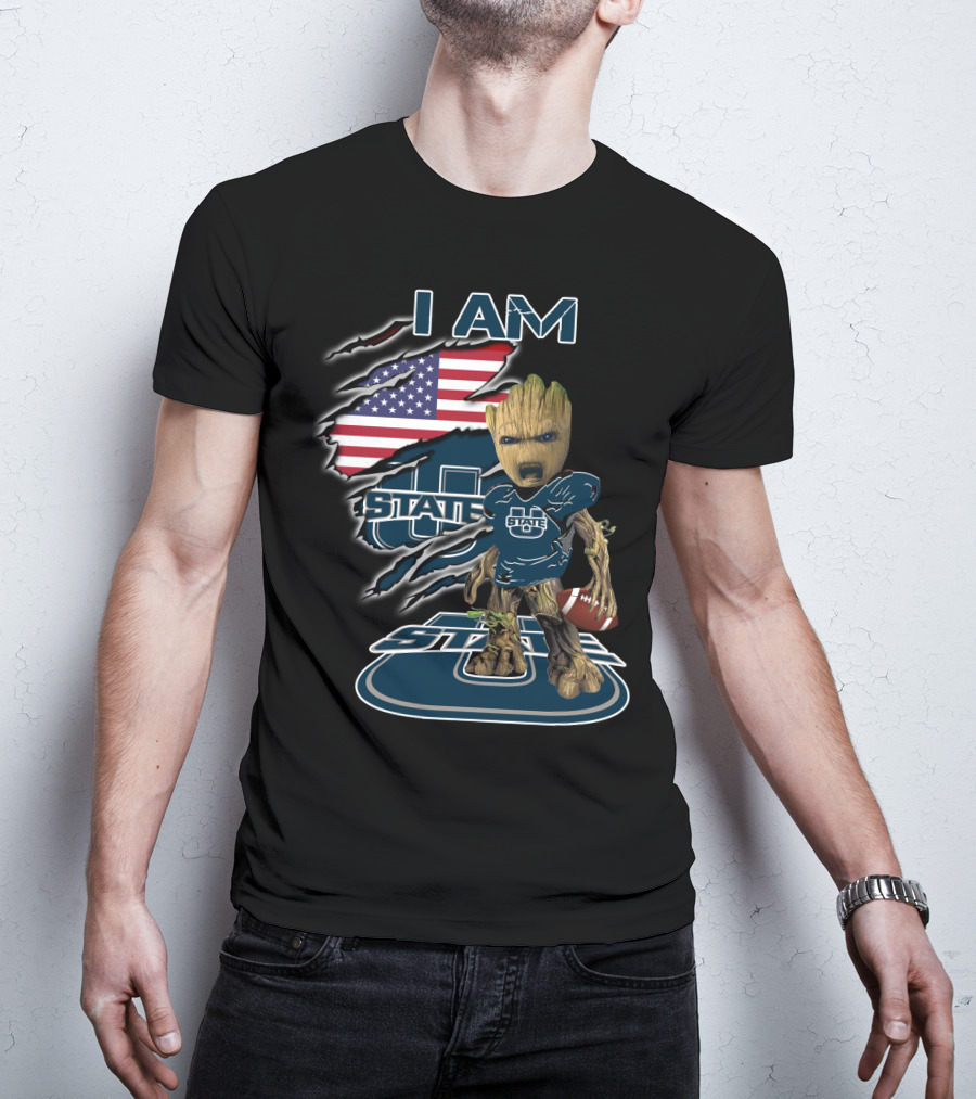 I AM Utah State Baby Groot Football American Flag T-Shirt
